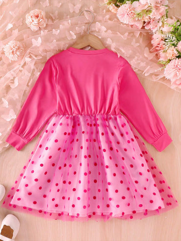 Girls Cute Round Neck Long Sleeve Cinched Waist Girl Portrait Print 3D Bow Polka Dot Mesh Tulle Winter Dress