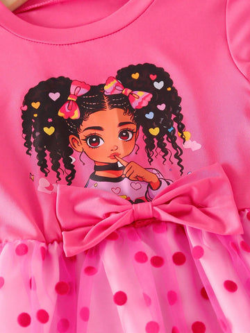 Girls Cute Round Neck Long Sleeve Cinched Waist Girl Portrait Print 3D Bow Polka Dot Mesh Tulle Winter Dress