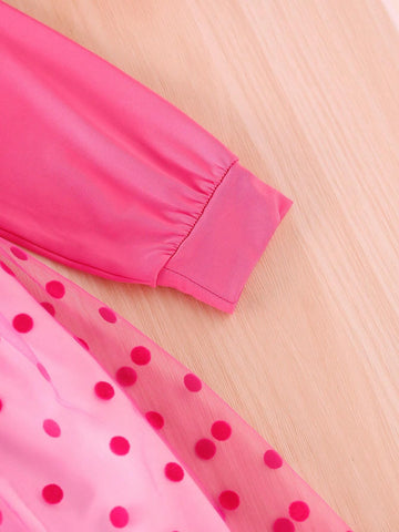 Girls Cute Round Neck Long Sleeve Cinched Waist Girl Portrait Print 3D Bow Polka Dot Mesh Tulle Winter Dress