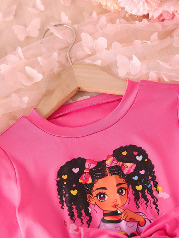 Girls Cute Round Neck Long Sleeve Cinched Waist Girl Portrait Print 3D Bow Polka Dot Mesh Tulle Winter Dress