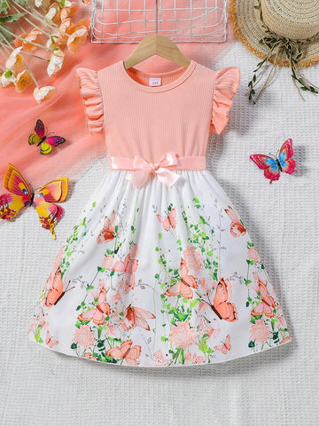 Girls Cute Round Neck Sleeveless Ruffled Flower Butterfly Full Print Ribbon Waist Dress