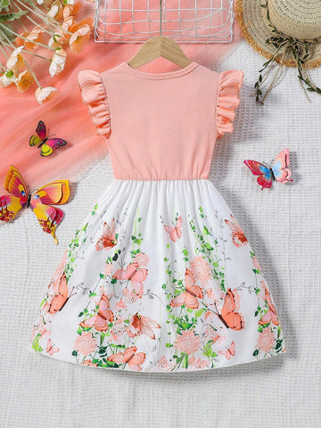 Girls Cute Round Neck Sleeveless Ruffled Flower Butterfly Full Print Ribbon Waist Dress
