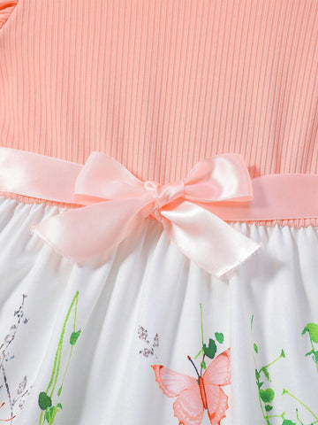 Girls Cute Round Neck Sleeveless Ruffled Flower Butterfly Full Print Ribbon Waist Dress