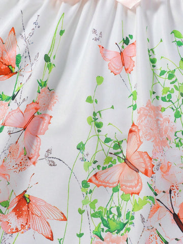 Girls Cute Round Neck Sleeveless Ruffled Flower Butterfly Full Print Ribbon Waist Dress