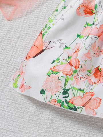 Girls Cute Round Neck Sleeveless Ruffled Flower Butterfly Full Print Ribbon Waist Dress