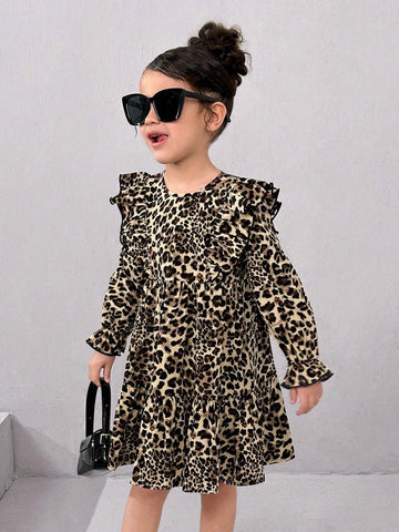 Girl's Cute Ruffle Round Neck Puff Sleeve Dress, Suitable For Outdoor Wear