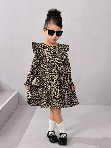 Girl's Cute Ruffle Round Neck Puff Sleeve Dress, Suitable For Outdoor Wear