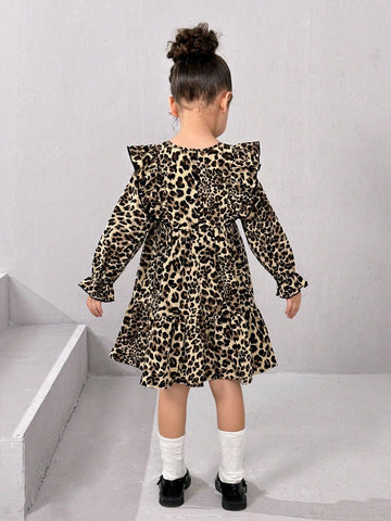 Girl's Cute Ruffle Round Neck Puff Sleeve Dress, Suitable For Outdoor Wear