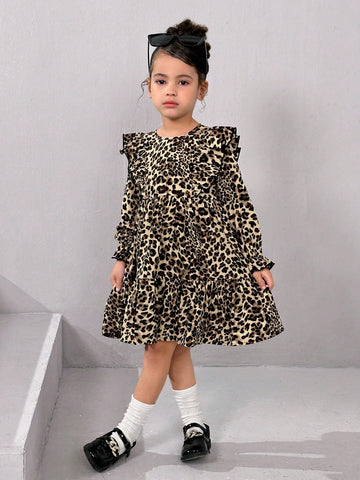Girl's Cute Ruffle Round Neck Puff Sleeve Dress, Suitable For Outdoor Wear