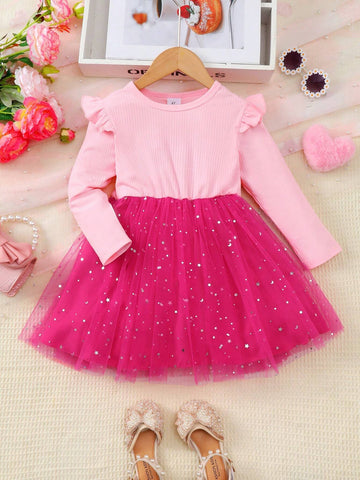 Girls Cute Ruffle Trim Fuchsia Mesh Long Sleeve Dress, Comfortable For Outdoor, Spring & Autumn