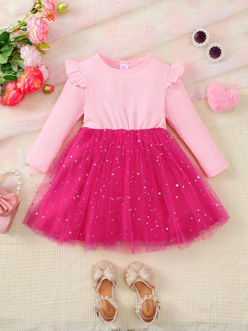 Girls Cute Ruffle Trim Fuchsia Mesh Long Sleeve Dress, Comfortable For Outdoor, Spring & Autumn