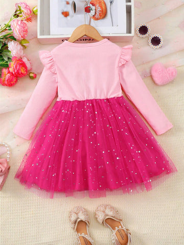 Girls Cute Ruffle Trim Fuchsia Mesh Long Sleeve Dress, Comfortable For Outdoor, Spring & Autumn