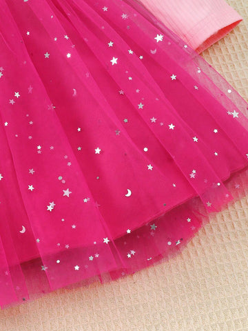 Girls Cute Ruffle Trim Fuchsia Mesh Long Sleeve Dress, Comfortable For Outdoor, Spring & Autumn