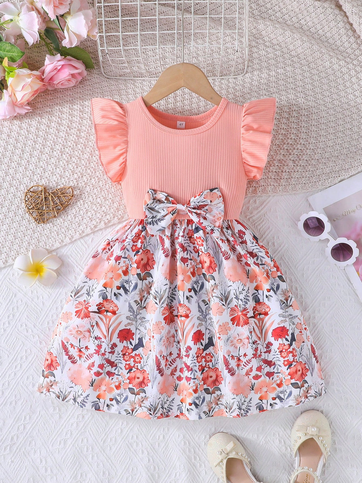 Girls' Cute Ruffled Sleeve Round Neck Sweet Bowknot Colorful Floral & Jungle Print Casual Dress