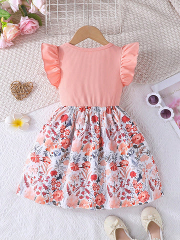 Girls' Cute Ruffled Sleeve Round Neck Sweet Bowknot Colorful Floral & Jungle Print Casual Dress