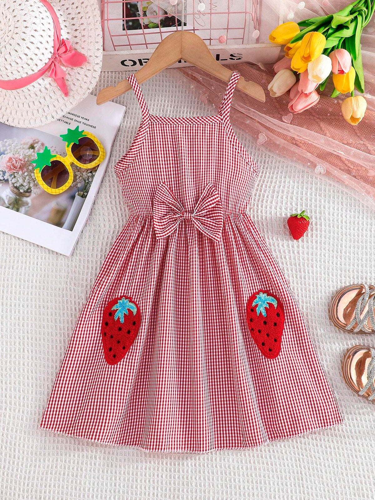 Girls' Cute Strawberry Embroidered Cami Dress, Summer Casual Style
