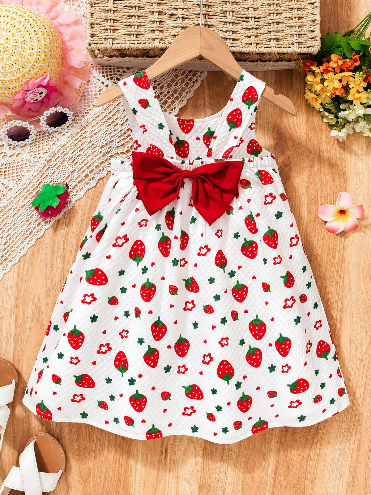 Girls' Cute Strawberry Print Sleeveless Bowknot Dress, Comfortable Woven Fabric, Classic A-Line Skirt Design, Princess Style