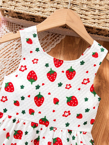 Girls' Cute Strawberry Print Sleeveless Bowknot Dress, Comfortable Woven Fabric, Classic A-Line Skirt Design, Princess Style