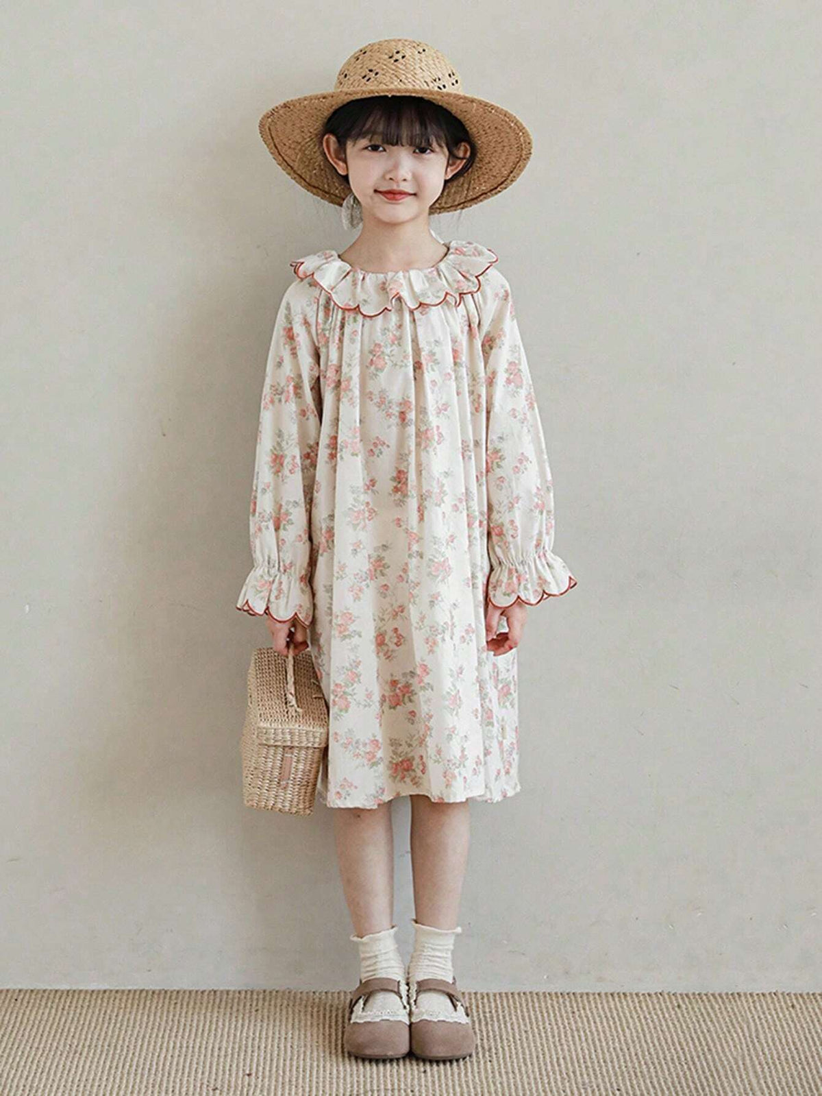 Girls Cute Sweet Floral Ruffled Collar Floral Pattern Dress, Spring/Autumn