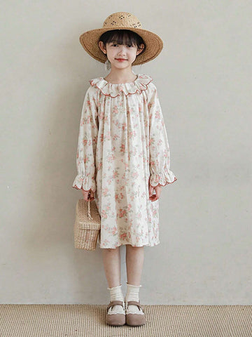 Girls Cute Sweet Floral Ruffled Collar Floral Pattern Dress, Spring/Autumn