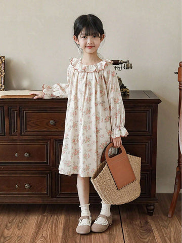 Girls Cute Sweet Floral Ruffled Collar Floral Pattern Dress, Spring/Autumn