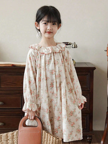 Girls Cute Sweet Floral Ruffled Collar Floral Pattern Dress, Spring/Autumn
