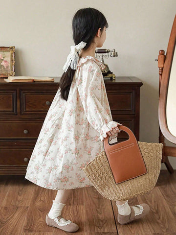 Girls Cute Sweet Floral Ruffled Collar Floral Pattern Dress, Spring/Autumn