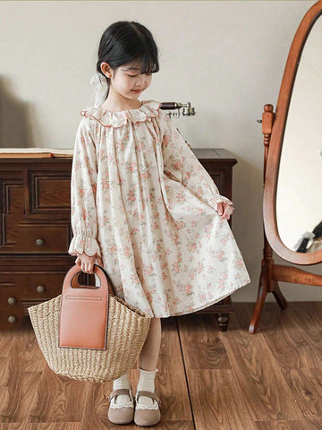 Girls Cute Sweet Floral Ruffled Collar Floral Pattern Dress, Spring/Autumn