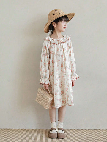 Girls Cute Sweet Floral Ruffled Collar Floral Pattern Dress, Spring/Autumn