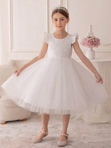 Girls' Cute Sweet Pearl Trim Sequin Embellished Princess Dress