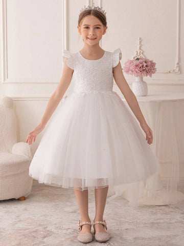 Girls' Cute Sweet Pearl Trim Sequin Embellished Princess Dress