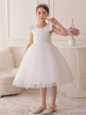 Girls' Cute Sweet Pearl Trim Sequin Embellished Princess Dress