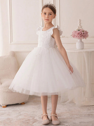 Girls' Cute Sweet Pearl Trim Sequin Embellished Princess Dress