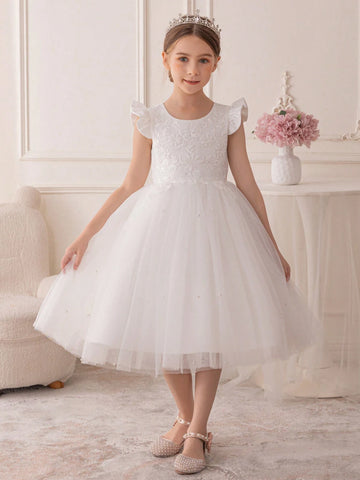 Girls' Cute Sweet Pearl Trim Sequin Embellished Princess Dress