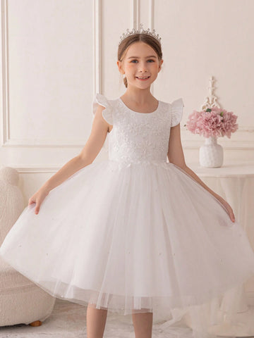 Girls' Cute Sweet Pearl Trim Sequin Embellished Princess Dress
