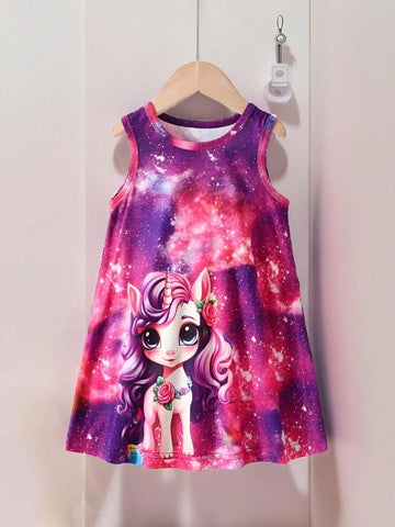 Girls" Cute Unicorn Printed Sleeveless Dress With Starry Sky Background