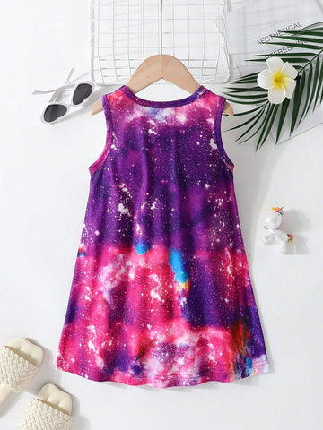Girls" Cute Unicorn Printed Sleeveless Dress With Starry Sky Background