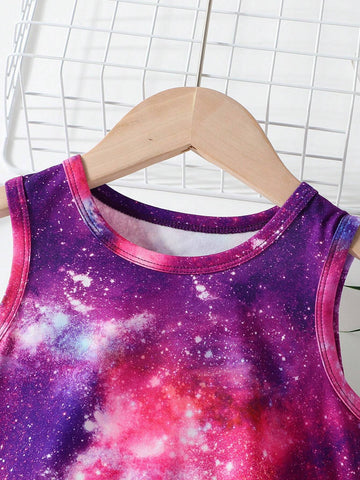 Girls" Cute Unicorn Printed Sleeveless Dress With Starry Sky Background