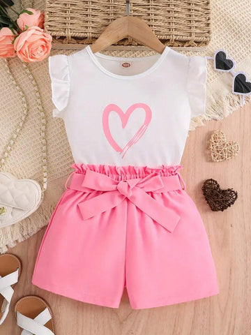 Girls' Daily Casual Heart Print Sleeveless Round Neck Top And Bowknot Shorts With Belt, Summer Children's Clothing