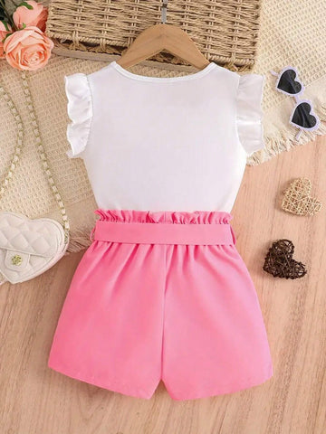 Girls' Daily Casual Heart Print Sleeveless Round Neck Top And Bowknot Shorts With Belt, Summer Children's Clothing