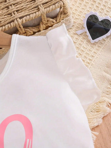 Girls' Daily Casual Heart Print Sleeveless Round Neck Top And Bowknot Shorts With Belt, Summer Children's Clothing