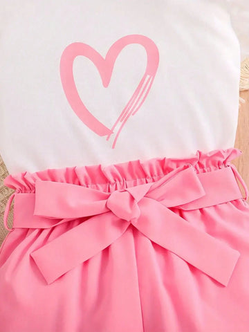 Girls' Daily Casual Heart Print Sleeveless Round Neck Top And Bowknot Shorts With Belt, Summer Children's Clothing