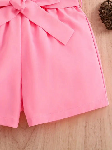 Girls' Daily Casual Heart Print Sleeveless Round Neck Top And Bowknot Shorts With Belt, Summer Children's Clothing