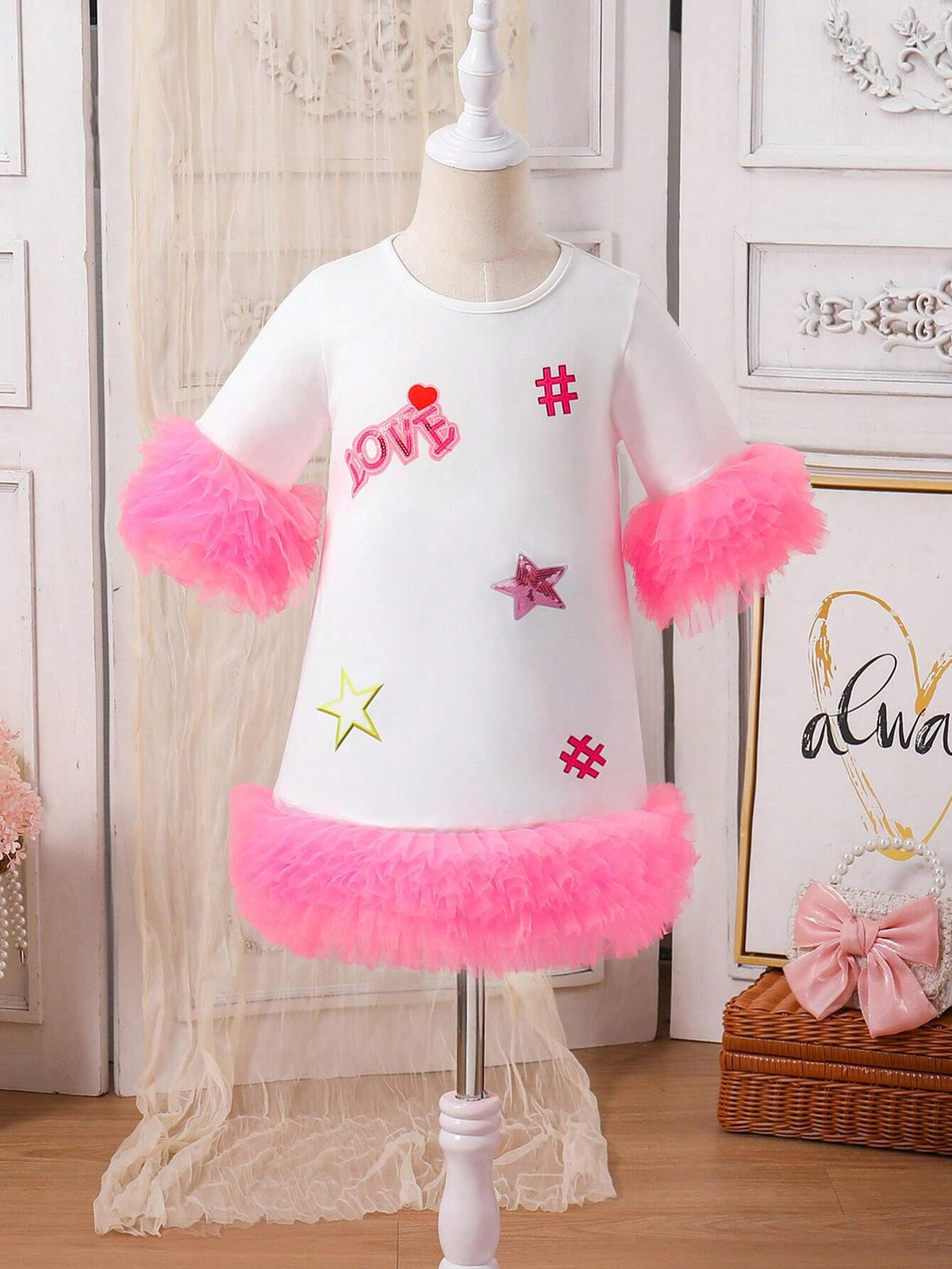 Girls' Daily Wear White Dress With Printed Hem And Cuffs, Multiple Mesh Inserts At Hem, Summer