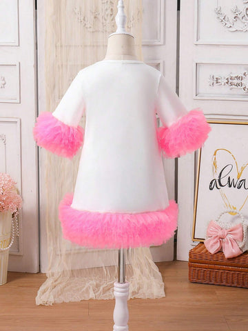 Girls' Daily Wear White Dress With Printed Hem And Cuffs, Multiple Mesh Inserts At Hem, Summer