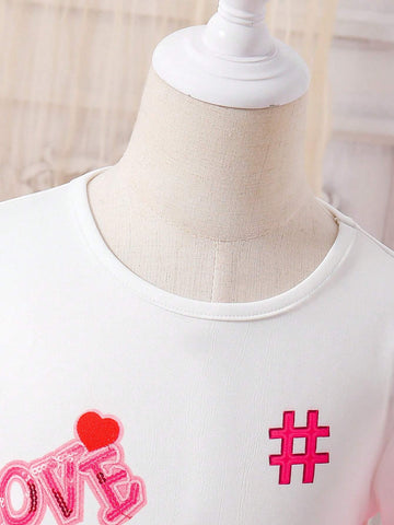 Girls' Daily Wear White Dress With Printed Hem And Cuffs, Multiple Mesh Inserts At Hem, Summer