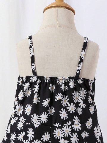 Girls Daisy Floral Print Knee-Length Suspender Skirt