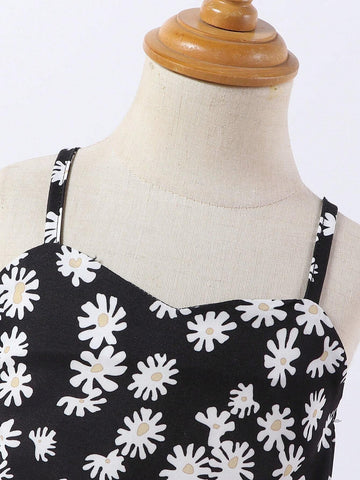 Girls Daisy Floral Print Knee-Length Suspender Skirt
