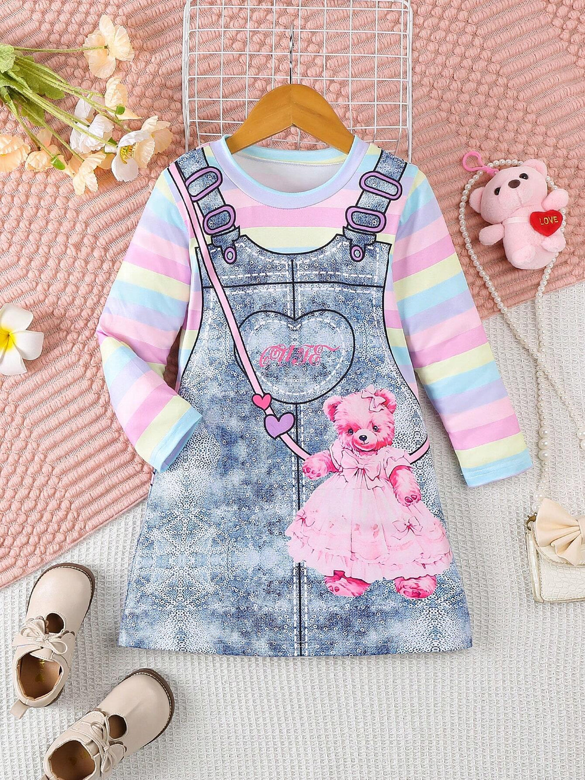 Girls Denim Jumper Dress With Cartoon Bear Print Colorful Stripe Long Sleeve, Casual Spring Autumn Dress