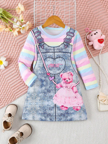 Girls Denim Jumper Dress With Cartoon Bear Print Colorful Stripe Long Sleeve, Casual Spring Autumn Dress
